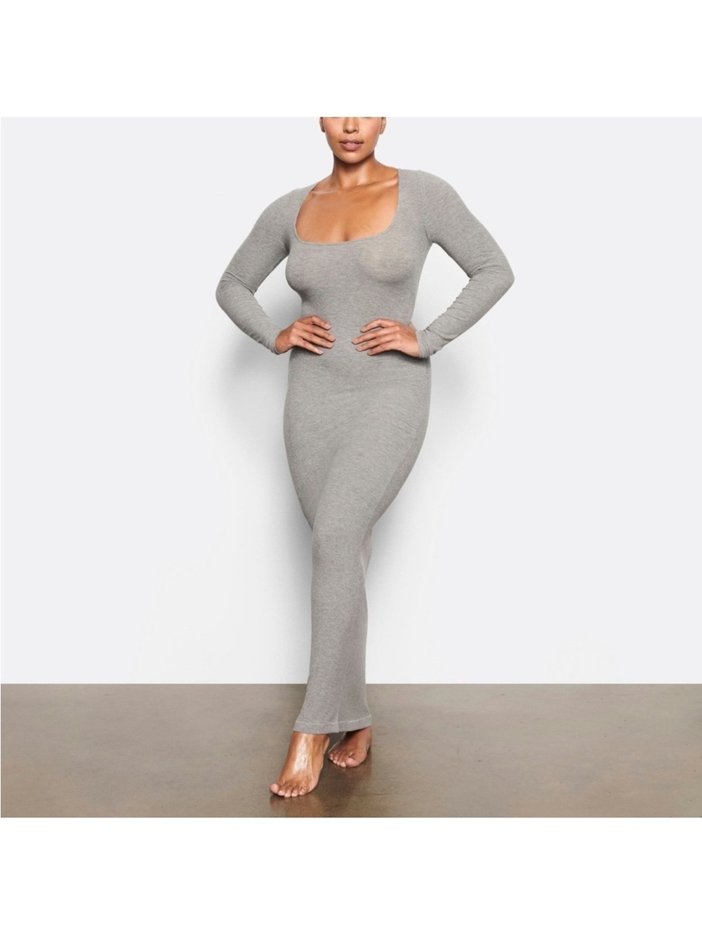 SKIMS Ribbed soft stream Long Sleeve Scoop-Neck Maxi Dress - Heather Gray NWOT